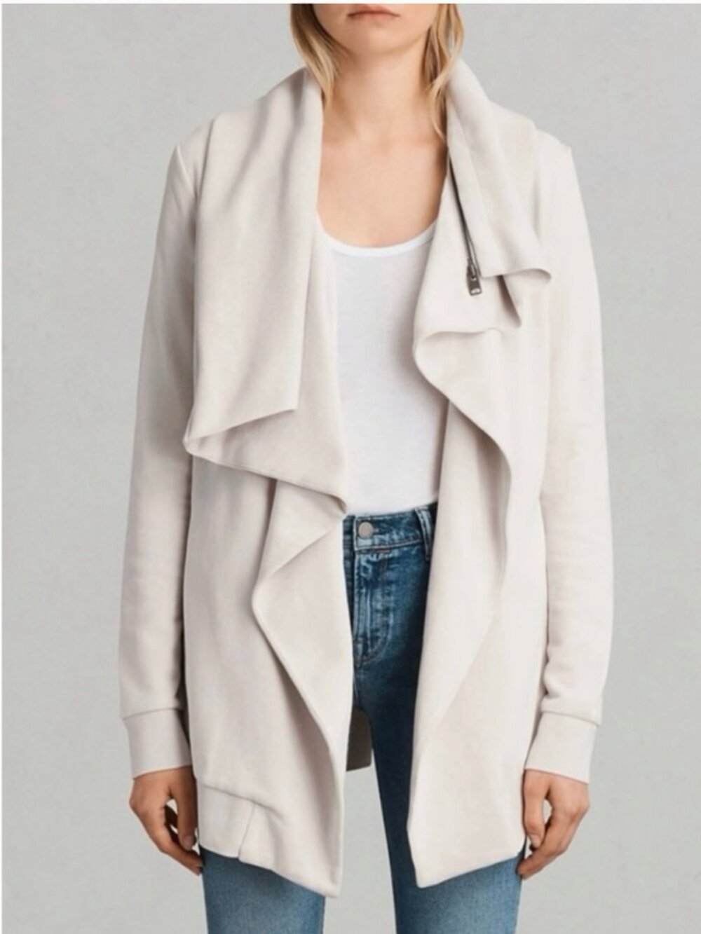 AllSaints Dahlia Sweat Drape Cardigan Moto Sweatshirt Cream Small
